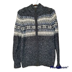 𝅺GREY black cream fair isle knit cotton wool blend zip up sweater